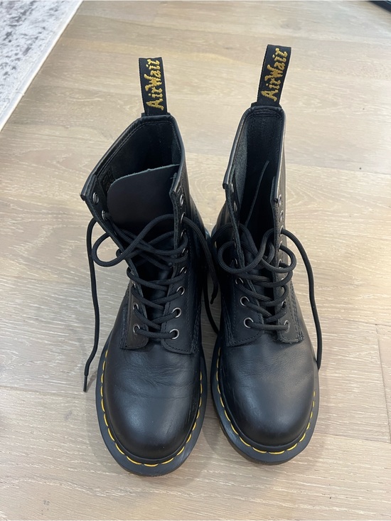 Dr. Martens Shoes - Dr. Martens Black Leather Lace-Up Boots with Yellow Stitching